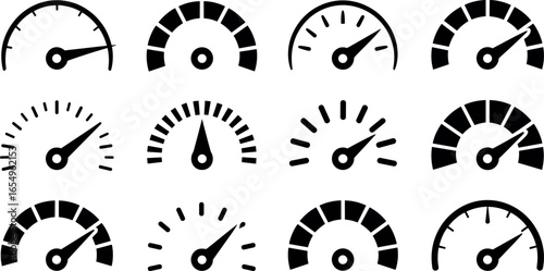 Collection of diverse speedometer and gauge icons illustrating various levels of measurement and performance