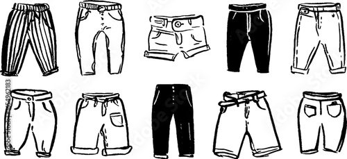 Black and white sketch collection of cargo shorts and pants
