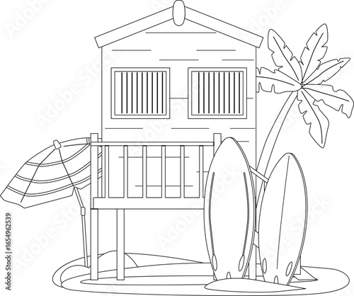 Wooden beach house on stilts