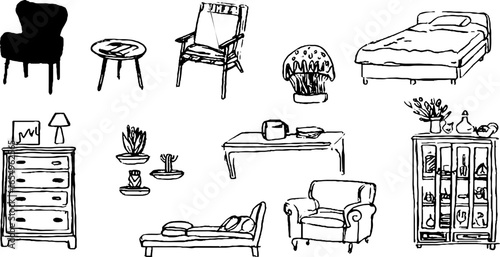 Hand-drawn black and white furniture sketch collection for interior design