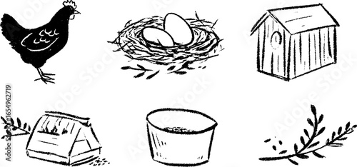 Black and white sketch set of chickens, eggs, and hatching essentials for rustic designs