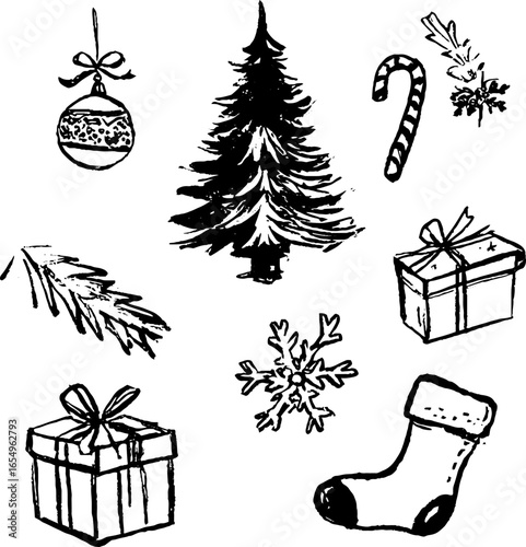 Festive holiday elements in black and white sketch for christmas design