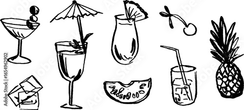 Black and white sketch illustration set of cocktails and fruits for design