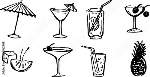 Black and white sketch illustration of cocktails and tropical elements set for design
