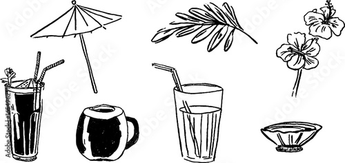 Tropical black and white sketch set featuring coconut, flowers, and drinks
