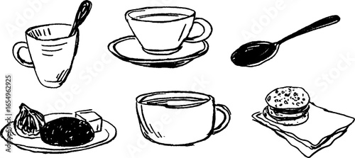 Hand-drawn black and white coffee set sketch with cups, spoons, and treats