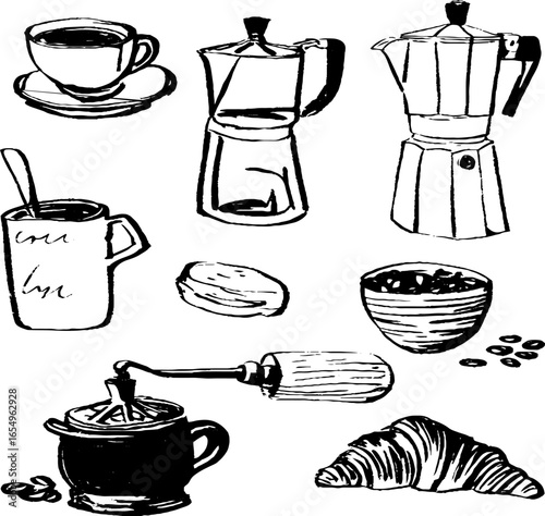 Black and white coffee set sketch for café decor and design concepts