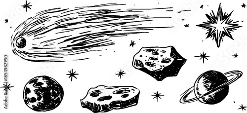 Black and white sketch illustration of comet, planets, and stars for space-themed design