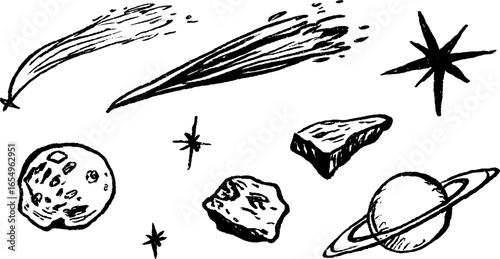 Hand drawn celestial elements set with comets, planets, and stars for design and decoration