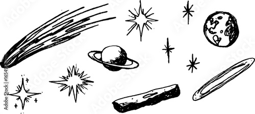 Celestial black and white sketch set featuring comets, stars, and planets for design