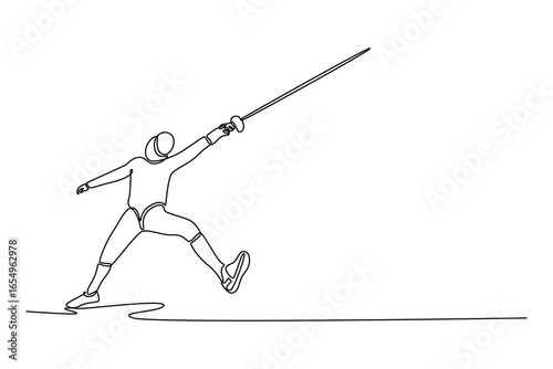 Continuous line drawing professional fencer mid-lunge in a powerful attack. Symbolizing dynamic action, sports, precision, and aggressive strategy. Single line draw design vector graphic illustration
