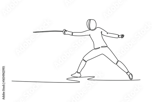 One line drawing professional fencer in a powerful wide stance with an extended foil. Symbolizing aggressive strategy, speed, and skill. Modern continuous line draw design graphic vector illustration