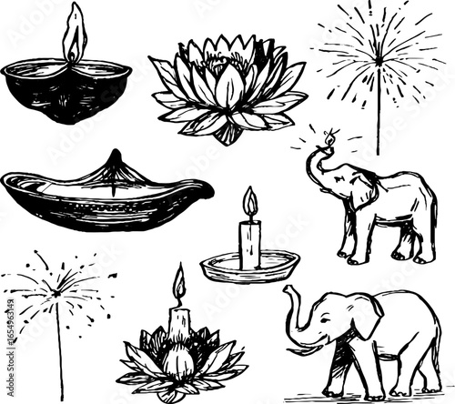 Diwali celebration sketches: diyas, lotus, elephants, and sparklers