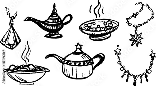 Enchanting djinn elements collection: lamps, gems, and mystical symbols