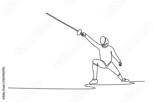 Single one line drawing fencer with a raised sword in a decisive attacking stance. Symbolizing power, skill, and the speed of the sport. Modern continuous line draw design graphic vector illustration