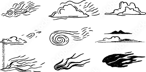 Black and white sketch illustration set of dust clouds and swirls