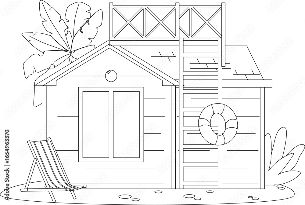 Fototapeta premium Tropical beach house black-and-white vector illustration