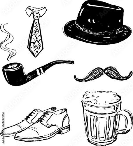 Classic father's day sketch set: hat, tie, pipe, mustache, shoes, and beer mug for design