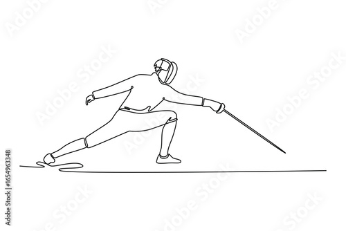Continuous line drawing attractive fencer at full extension in lunge. Symbolizing power, active, speed, and the precision required for strike. Dynamic one line draw graphic design vector illustration