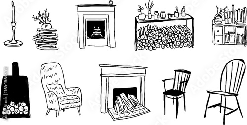 Cozy home interiors: black and white sketch collection featuring fireplaces and furniture