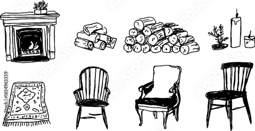 Cozy fireplace and furniture sketch set for interior design concepts