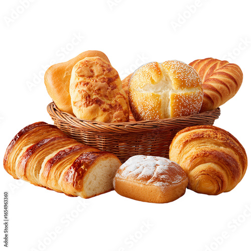 Freshly baked breads in basket, studio shot on transparent background