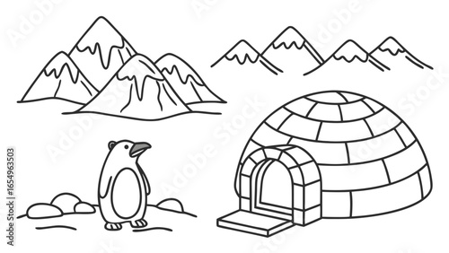 Cute Cartoon Arctic Landscape with Penguin Igloo and Mountains in Black and White Line Art Style