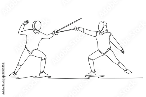 Continuous line drawing attractive dynamic clash between two humans with foils. Embodying the strategic elegance and skill of a competitive sport. Single line draw design vector graphic illustration
