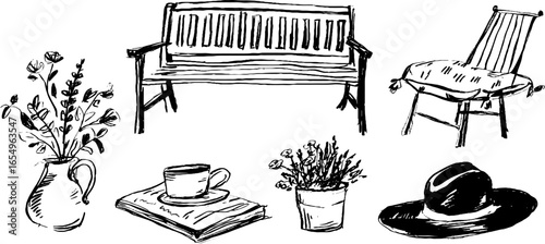 Black and white garden essentials sketch collection for design and decoration