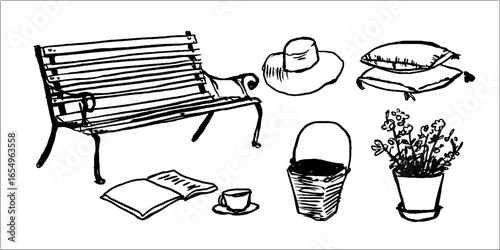 Hand drawn black and white garden elements set: bench, hat, pillow, book, basket, plant for design use