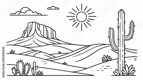 Minimalist Desert Landscape Illustration with Cactus Mountain Sun and Clouds in Black and White Outline Style