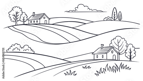 Hand Drawn Landscape with Hills Houses Trees and Clouds in a Simple Black and White Style