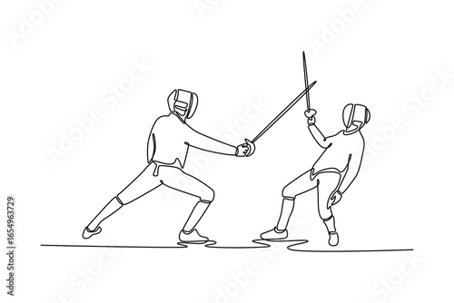 Single line drawing two fencers in a dynamic lunge and retreat. Symbolizing the strategic agility and the elegance of competitive sports. Modern continuous line draw design graphic vector illustration