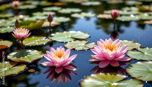 A serene aquatic landscape featuring a vibrant water lily pond teeming with pink and orange water lilies floating in a pool of wat