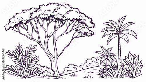 Hand Drawn Tropical Landscape with Trees Bushes and Palm Trees in Black and White Outline Style Illustration