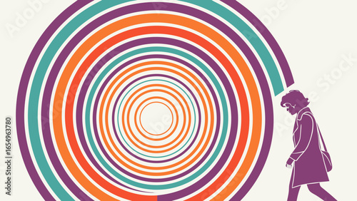 Abstract Depression Illustration with Woman Silhouette and Colorful Concentric Circles Representing Mental Health Issues and Emotional Turmoil