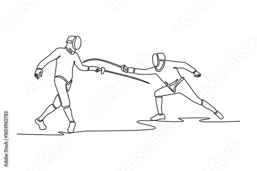 Single line drawing of features duel between two fencers, representing strategic challenge and the elegant balance of attack and defense. Modern continuous line draw design graphic vector illustration