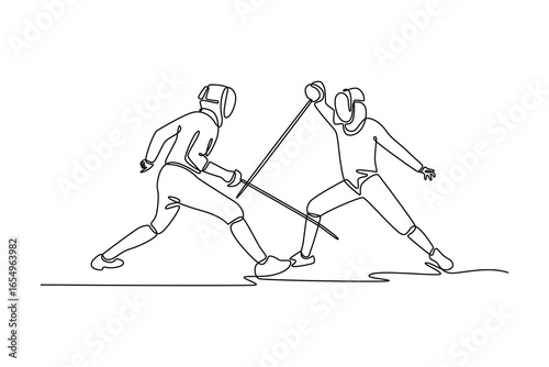 One line drawing strong two fencers are mid-clash with crossing foils. Symbolizing strategic combat, speed, and the elegance of sports. Modern continuous line draw design graphic vector illustration