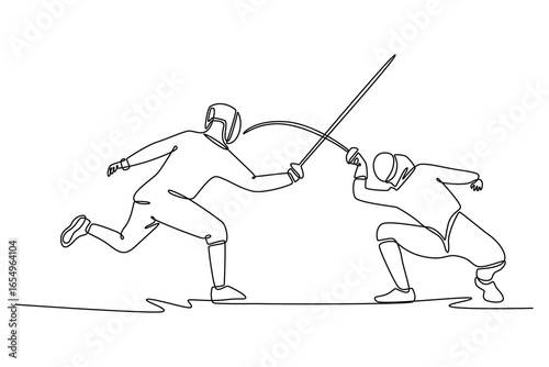 Continuous line drawing attractive two fencers in a dynamic lunge and parry. Symbolizing the elegant movement and strategic skill of action sports. Single line draw design vector graphic illustration