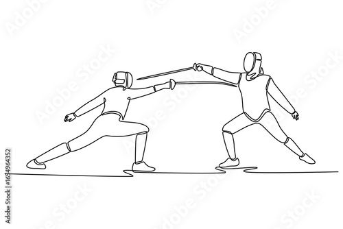 Continuous line drawing two fencers are engaged in a sword clash. Symbolizing the strategic balance of attack, defense, sport, and competition. Dynamic one line draw graphic design vector illustration