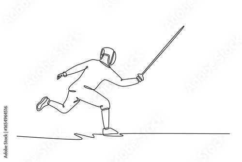 Single one line drawing attractive fencer is running forward with foil. Symbolizing speed, forward motion, and the start of quick attack. Modern continuous line draw design graphic vector illustration