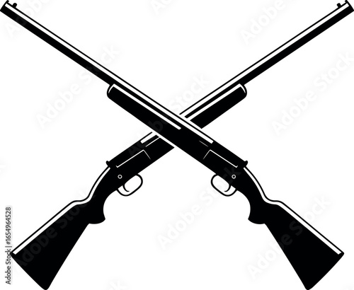 Two classic hunting shotguns crossed in an x shape against a stark white background symbolizing sport and tradition