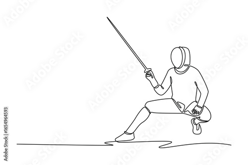 One line drawing attractive fencer doing mid-lunge with foil. Symbolizing the skill, action, speed, and precision required in the sport. Modern continuous line draw design graphic vector illustration