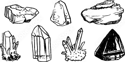 Black and white sketch collection of various crystals and minerals
