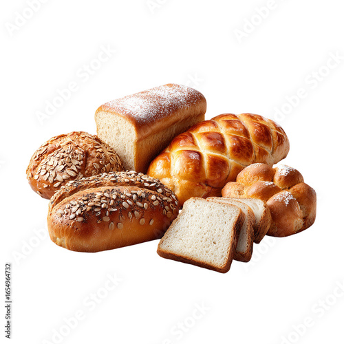 Assorted delicious breads, bakery assortment still life on transparent background