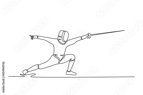 Continuous line drawing of professional fencer at full extension in lunge attack. Symbolizing power, precision, aggressive action. Fencing competition. One line draw graphic design vector illustration
