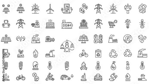 Renewable Energy and Sustainable Power Line Icon Set – Vector Illustrations of Solar, Wind, Hydrogen, EV Charging, Clean Energy Generation and Grid Infrastructure
