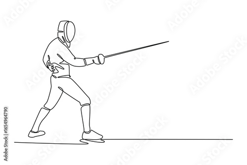 Continuous line drawing strong fencer is poised to strike with an extended foil. Representing the tactical readiness and focus before an engagement. Single line draw design vector graphic illustration