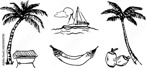 Tropical island elements sketch set with palm trees, sailboat, and hammock