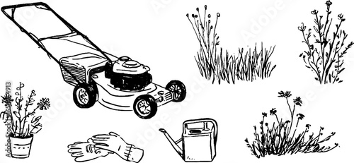 Black and white garden tools and plants sketch collection for lawn care projects